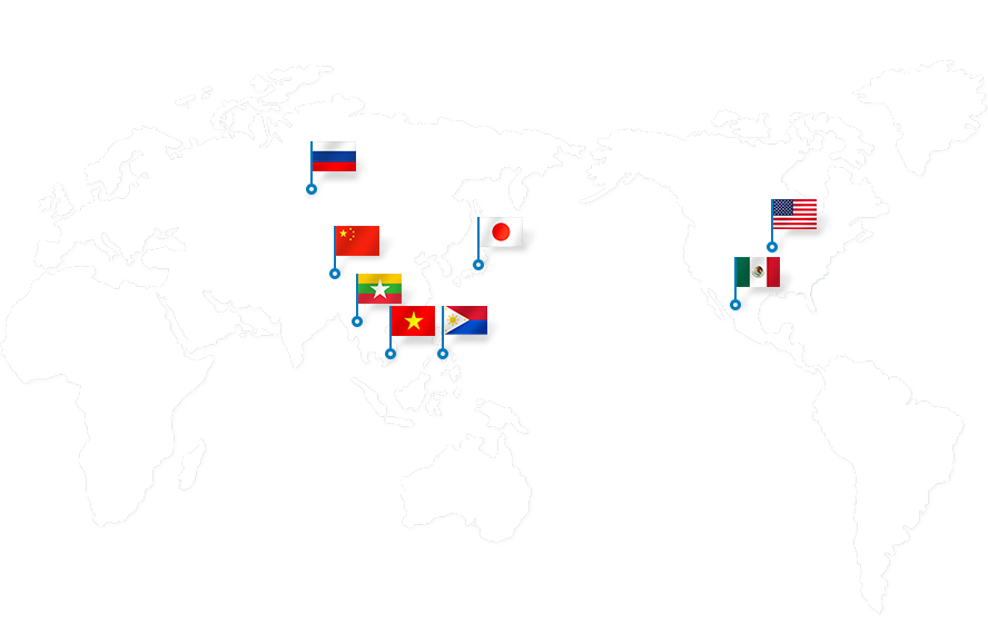 MD가 진출한 국가를 표시한 세계지도. 중국, 베트남, 미국, 일본, 필리핀, 미얀마 진출. (러시아, 멕시코 진출예정)